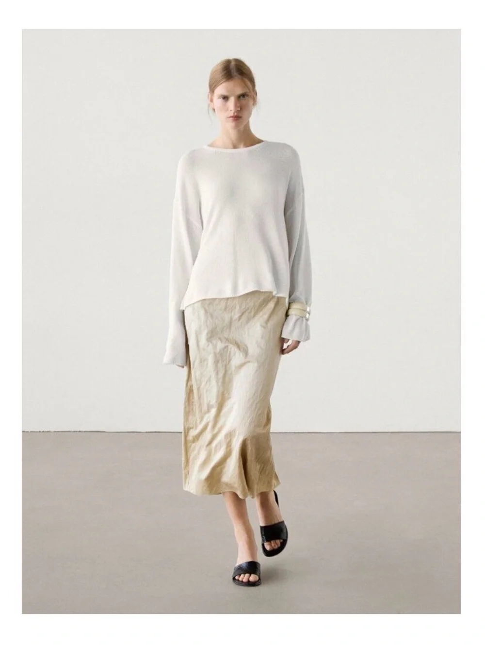 Massimo Dutti - Elegant Cream Satin Midi Skirt - Women Size L